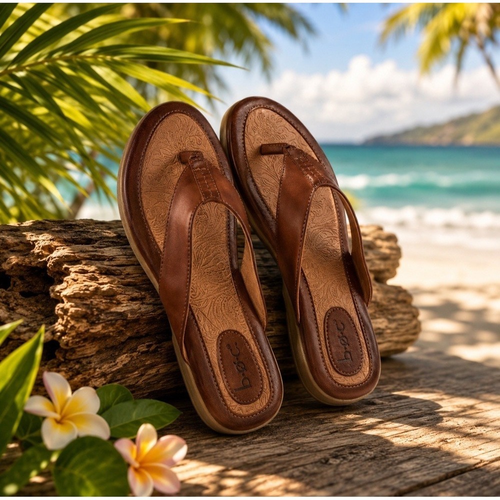 boc Born Concept Zita Brown Leather Thong Flip Flop Sandals Women Size 8M BC3741